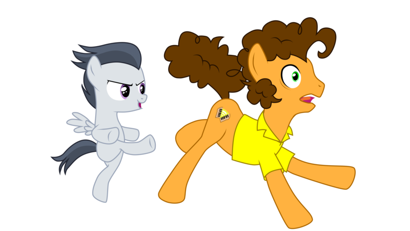 Size: 3840x2160 | Tagged: safe, derpibooru import, cheese sandwich, rumble, earth pony, pegasus, pony, g4, amish paradise, colt, derpibooru exclusive, foal, image, kick, kick in the butt, kicking, male, png, stallion, vector, voice actor joke, weird al yankovic