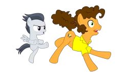 Size: 3840x2160 | Tagged: safe, derpibooru import, cheese sandwich, rumble, earth pony, pegasus, pony, g4, amish paradise, colt, derpibooru exclusive, foal, image, kick, kick in the butt, kicking, male, png, stallion, vector, voice actor joke, weird al yankovic