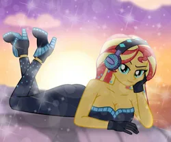 Size: 6924x5760 | Tagged: safe, artist:emeraldblast63, derpibooru import, sunset shimmer, human, equestria girls, g4, the other side, bedroom eyes, breasts, busty sunset shimmer, cleavage, clothes, clothes swap, gloves, headphones, high heels, image, lens flare, looking at you, lying down, my little pony equestria girls: better together, png, prone, shoes, solo, stupid sexy sunset shimmer, unitard