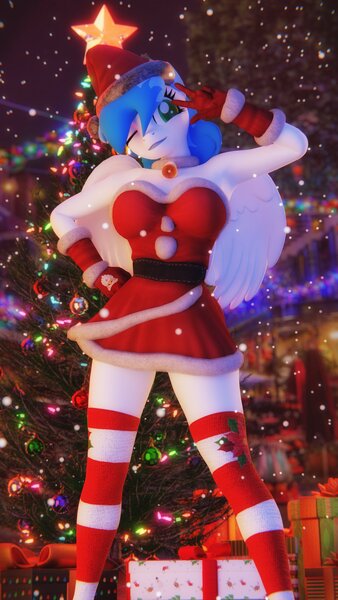 Size: 1152x2048 | Tagged: safe, artist:artempredator, ponerpics import, oc, oc:oceana ice, unofficial characters only, anthro, 3d, breasts, christmas, christmas sweater, clothes, female, gloves, holiday, image, jpeg, one eye closed, socks, solo, solo female, stockings, sweater, thigh highs