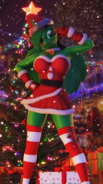 Size: 1152x2048 | Tagged: safe, artist:artempredator, ponerpics import, oc, unofficial characters only, anthro, 3d, breasts, christmas, christmas sweater, clothes, female, glasses, gloves, holiday, image, jpeg, one eye closed, socks, solo, solo female, stockings, sweater, thigh highs