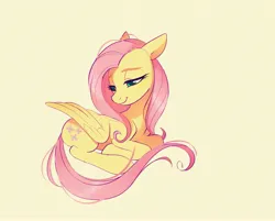 Size: 4096x3290 | Tagged: safe, artist:imalou, banned from derpibooru, edit, fluttershy, pegasus, pony, cute, eyebrows, female, folded wings, high res, image, jpeg, lidded eyes, lying down, mare, ponyloaf, prone, shyabetes, simple background, sitting, smiling, solo, text, wings, yellow background