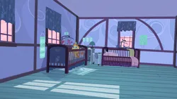 Size: 1280x720 | Tagged: safe, derpibooru import, screencap, pumpkin cake, pony, unicorn, baby cakes, g4, season 2, baby, baby pony, bedroom, bow, crib, doll, drool, hair bow, hamper, horn, image, lamp, mobile, mouth hold, my little pony, nursery, pink sky, png, scenery, solo, sugarcube corner, sugarcube corner (interior), toy