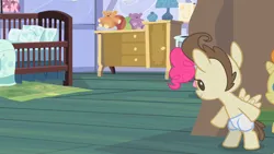 Size: 1280x720 | Tagged: safe, derpibooru import, screencap, pinkie pie, pound cake, pumpkin cake, earth pony, pegasus, pony, unicorn, baby cakes, g4, season 2, baby, baby pony, ball, bedroom, blanket, crib, diaper, horn, image, lamp, looking at someone, my little pony, nursery, offscreen character, pillow, plushie, png, rug, sneaking, sugarcube corner, sugarcube corner (interior), teddy bear, trio