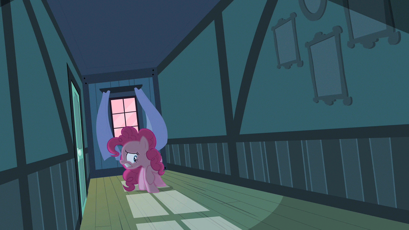 Size: 1280x720 | Tagged: safe, derpibooru import, screencap, pinkie pie, earth pony, pony, baby cakes, g4, season 2, curtains, door, female, hallway, image, my little pony, nervous, picture frame, pink sky, png, scared, solo, solo female, sugarcube corner, sugarcube corner (interior), wind