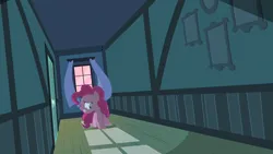 Size: 1280x720 | Tagged: safe, derpibooru import, screencap, pinkie pie, earth pony, pony, baby cakes, g4, season 2, curtains, door, female, hallway, image, my little pony, nervous, picture frame, pink sky, png, scared, solo, solo female, sugarcube corner, sugarcube corner (interior), wind