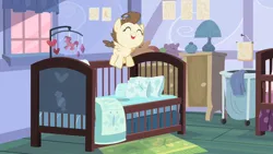 Size: 1280x720 | Tagged: safe, derpibooru import, screencap, pound cake, pegasus, pony, baby cakes, g4, season 2, baby, baby pony, bedside stand, blanket, crib, cute, hamper, image, jumping, jumping on bed, jumping on the bed, lamp, male, missing accessory, my little pony, pillow, pink sky, plushie, png, poundabetes, rambunctious, solo, solo male, sugarcube corner, sugarcube corner (interior), teddy bear