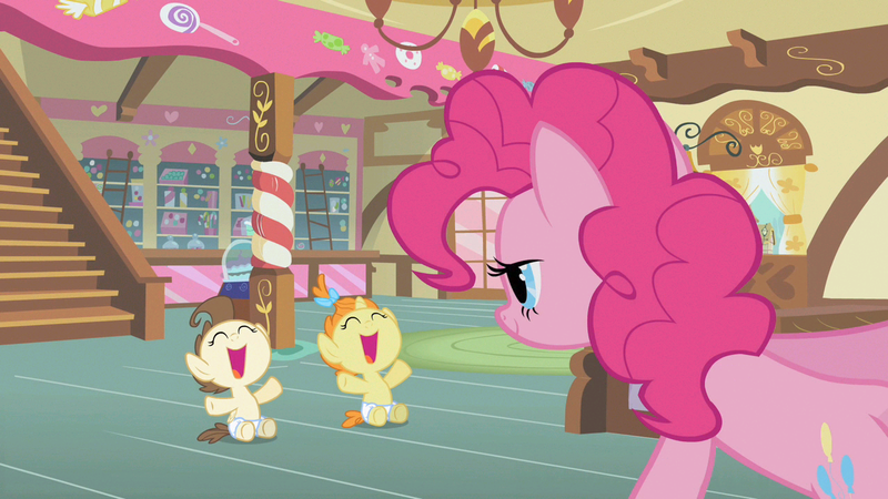 Size: 1280x720 | Tagged: safe, derpibooru import, screencap, pinkie pie, pound cake, pumpkin cake, earth pony, pegasus, pony, unicorn, baby cakes, g4, season 2, baby, baby pony, bow, brother and sister, cake twins, candy, chandelier, cute, diaper, diapered baby, diapered colt, diapered filly, diapered foals, eyes closed, female, filly, food, hair bow, happy, happy babies, happy baby, horn, image, joy, joyous, ladder, looking at someone, male, mid-blink screencap, my little pony, open mouth, png, ponyville, poundabetes, pumpkinbetes, siblings, sitting, sitting on floor, stairs, sugarcube corner, sugarcube corner (interior), trio, twins