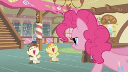 Size: 1280x720 | Tagged: safe, derpibooru import, screencap, pinkie pie, pound cake, pumpkin cake, earth pony, pegasus, pony, unicorn, baby cakes, g4, season 2, baby, baby pony, bow, brother and sister, cake twins, candy, chandelier, cute, diaper, diapered baby, diapered colt, diapered filly, diapered foals, eyes closed, female, filly, food, hair bow, happy, happy babies, happy baby, horn, image, joy, joyous, ladder, looking at someone, male, mid-blink screencap, my little pony, open mouth, png, ponyville, poundabetes, pumpkinbetes, siblings, sitting, sitting on floor, stairs, sugarcube corner, sugarcube corner (interior), trio, twins