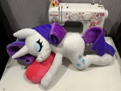 Size: 1278x960 | Tagged: safe, artist:elizaveta medved, derpibooru import, rarity, unicorn, g4, cute, handmade, horn, image, jpeg, lying down, photo, plushie, raribetes, sewing machine, sleeping