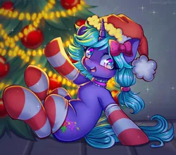 Size: 5283x4676 | Tagged: safe, artist:chaosangeldesu, derpibooru import, oc, oc:lilac tart, unofficial characters only, pony, unicorn, bow, christmas, christmas lights, christmas stocking, christmas tree, clothes, commission, cute, female, hat, holiday, horn, image, jpeg, mare, santa hat, socks, solo, solo female, tree