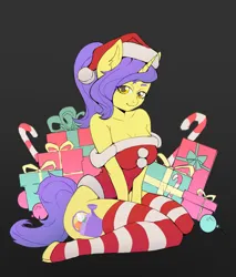 Size: 2595x3043 | Tagged: suggestive, artist:violet_cloud, derpibooru import, oc, oc:tulipan, unofficial characters only, anthro, unguligrade anthro, bedroom eyes, breasts, candy, candy cane, christmas, christmas presents, cleavage, clothes, colored, commission, costume, female, flat colors, food, hat, holiday, image, kneeling, looking at you, png, ponytail, present, santa costume, santa hat, socks, solo, solo female, striped socks, thigh highs, ych result