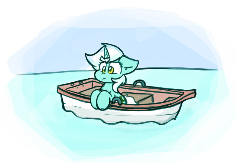 Size: 1999x1371 | Tagged: safe, artist:zutcha, derpibooru import, lyra heartstrings, pony, unicorn, g4, boat, concerned, horn, image, jpeg, solo, water