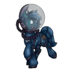 Size: 2300x2300 | Tagged: safe, artist:molars, derpibooru import, oc, oc:stellar aurorae, unofficial characters only, bat pony, pony, fallout equestria, ashes town, blushing, commission, female, full body, hidden wings, image, mare, png, radiation suit, sharp teeth, simple background, smiling, solo, sweat, sweatdrop, teeth, transparent background, trotting