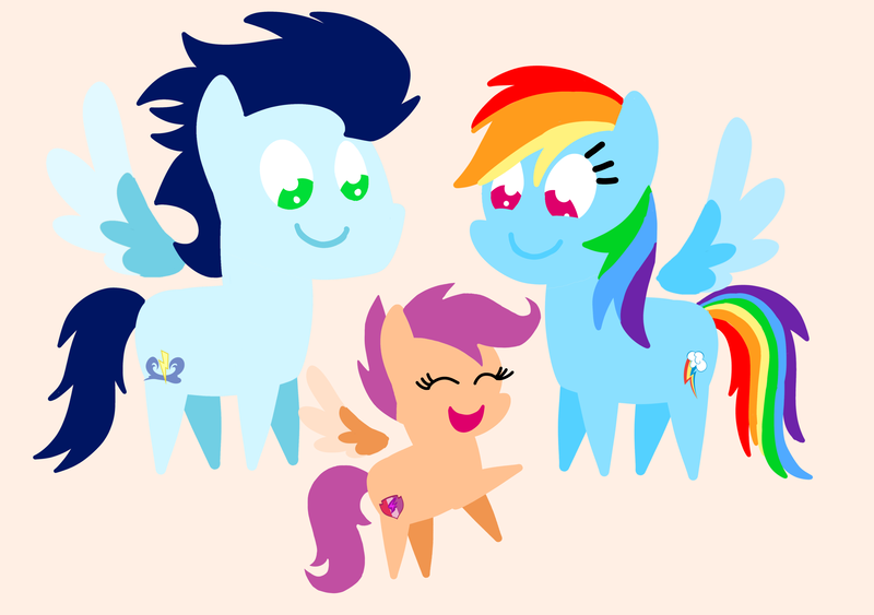 Size: 3553x2499 | Tagged: safe, anonymous artist, derpibooru import, rainbow dash, scootaloo, soarin', pegasus, pony, series:soarindash relationship, series:soarindash romantic tales, g4, derpibooru exclusive, female, filly, foal, happy, image, male, mare, png, pointy ponies, shipping, smiling, soarindash, stallion, straight