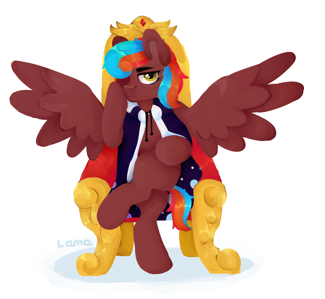 Size: 2938x2704 | Tagged: safe, artist:lamaka, derpibooru import, oc, oc:demagogue, pony, cape, clothes, female, image, mare, png, simple background, spread wings, throne, transgender, wings, село