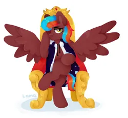 Size: 2938x2704 | Tagged: safe, artist:lamaka, derpibooru import, oc, oc:demagogue, pony, cape, clothes, female, image, mare, png, simple background, spread wings, throne, transgender, wings, село