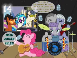 Size: 1440x1080 | Tagged: safe, artist:bronybyexception, derpibooru import, limestone pie, marble pie, maud pie, vinyl scratch, g4, blue oyster cult, clem fandango, drums, guitar, image, jingle bells, microphone, more cowbell, musical instrument, png, sunglasses, vector used