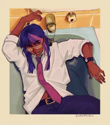 Size: 1017x1158 | Tagged: safe, artist:svnnyrises, derpibooru import, twilight sparkle, human, g4, bathroom, bathtub, belt, butch, cigarette, clothes, dark skin, denim, ear piercing, earring, female, glasses, grin, humanized, image, invalid tag, jeans, jewelry, jpeg, midriff, necktie, pants, piercing, ring, shirt, smiling, solo, watch, wristwatch