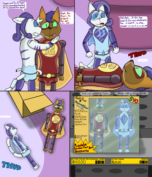 Size: 3000x3500 | Tagged: safe, artist:slywolf136, derpibooru import, capper dapperpaws, rarity, abyssinian, g4, my little pony: the movie, ..., abyssinianized, action figure, belt, box, cape, carousel boutique, clothes, comic, dialogue, duo, duo male and female, falling, female, gritted teeth, high res, image, inanimate tf, looking at each other, looking at someone, male, onomatopoeia, open mouth, panicking, plastic, png, price tag, raricat, scared, shelf, shrinking, species swap, speech bubble, story included, superhero costume, teeth, thought bubble, toy, toy store, transformation, transformed