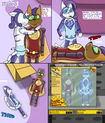 Size: 3000x3500 | Tagged: safe, artist:slywolf136, derpibooru import, capper dapperpaws, rarity, abyssinian, g4, my little pony: the movie, ..., abyssinianized, action figure, belt, box, cape, carousel boutique, clothes, comic, dialogue, duo, duo male and female, falling, female, gritted teeth, high res, image, inanimate tf, looking at each other, looking at someone, male, onomatopoeia, open mouth, panicking, plastic, png, price tag, raricat, scared, shelf, shrinking, species swap, speech bubble, story included, superhero costume, teeth, thought bubble, toy, toy store, transformation, transformed