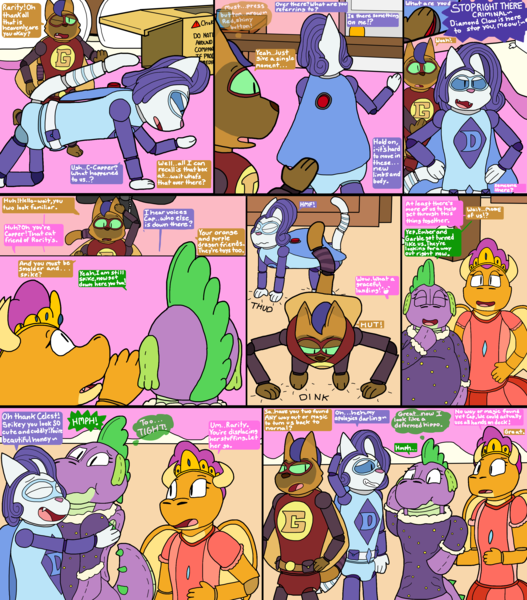 Size: 2900x3300 | Tagged: safe, artist:slywolf136, derpibooru import, capper dapperpaws, rarity, smolder, spike, abyssinian, dragon, g4, my little pony: the movie, :t, abyssinianized, action figure, action pose, all fours, barb, bed, bedroom, behaving like a cat, belt, box, button, cape, ceiling fan, clothes, comic, confused, dialogue, doll, dollified, door, dress, eyes closed, fan, grin, group, hand on hip, hape, high res, hug, image, implied garble, implied princess ember, inanimate tf, landing, living toy, looking at each other, looking at someone, looking down, looking up, nightgown, nightstand, one eye closed, onomatopoeia, open mouth, open smile, personal space invasion, plastic, plushie, plushification, png, post-transformation, pressing, princess smolder, quartet, raricat, rule 63, sheepish grin, smiling, species swap, speech bubble, squeezing, squished, story included, superhero costume, talking, thought bubble, toy, transformation, transformed