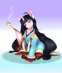 Size: 1617x1905 | Tagged: safe, artist:katrina.pixel, derpibooru import, ponified, pony, unicorn, clothes, evillious chronicles, female, horn, image, kimono (clothing), long hair, ma, mare, monocle, pipe, png, sitting, smoking, sorceress