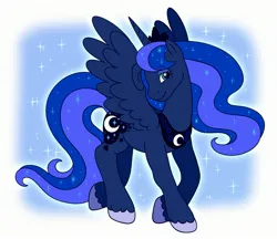 Size: 2783x2403 | Tagged: safe, artist:sketchquill, derpibooru import, princess luna, alicorn, pony, g2, g4, female, g4 to g2, generation leap, high res, image, jpeg, mare, solo, sparkles, spread wings, standing on two hooves, turned head, unshorn fetlocks, wings