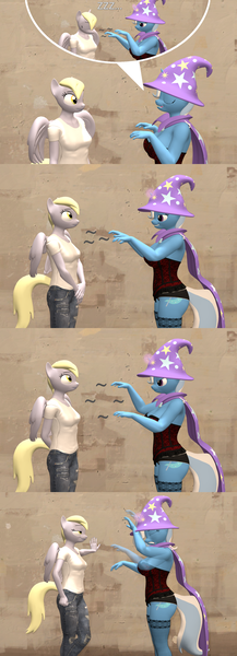 Size: 1561x4319 | Tagged: safe, artist:papadragon69, derpibooru import, derpy hooves, trixie, anthro, g4, 3d, comic, fail, frustrated, hypnosis, image, magic, old master q, parody, png, reference, smug, source filmmaker