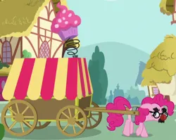 Size: 852x677 | Tagged: safe, derpibooru import, pinkie pie, earth pony, g4, season 5, the one where pinkie pie knows, cart, cupcake, delivery, delivery pony, disguise, disgusted, female, food, groucho mask, image, implied cake, my little pony, png, ponyville, pulling, pulling cart, red and yellow, sneaking, solo, solo female, spring, wagon