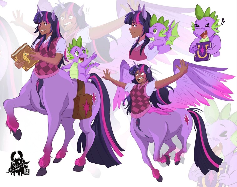 Size: 2048x1623 | Tagged: safe, artist:inkrred, derpibooru import, part of a set, spike, twilight sparkle, twilight sparkle (alicorn), alicorn, centaur, dragon, human, taur, g4, alicorn humanization, bag, blackwashing, book, centaur twilight, centaurified, duo, duo male and female, eared humanization, female, horn, horned humanization, horse ears, humanized, image, jpeg, male, moderate dark skin, pegataur, saddle bag, species swap, spread arms, spread wings, sweater vest, winged humanization, winged spike, wings, zoom layer