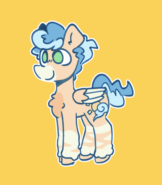 Size: 751x856 | Tagged: safe, artist:blex, derpibooru import, oc, oc:sunshower, unofficial characters only, pegasus, pony, blue mane, blue tail, brown hooves, chest fluff, coat markings, colored, colored hooves, colt, foal, full body, green eyes, hooves, image, male, male oc, name, orange coat, outline, pegasus oc, png, quadrupedal, simple background, smiling, standing, tail, three quarter view, unshorn fetlocks, white outline, wings, yellow background