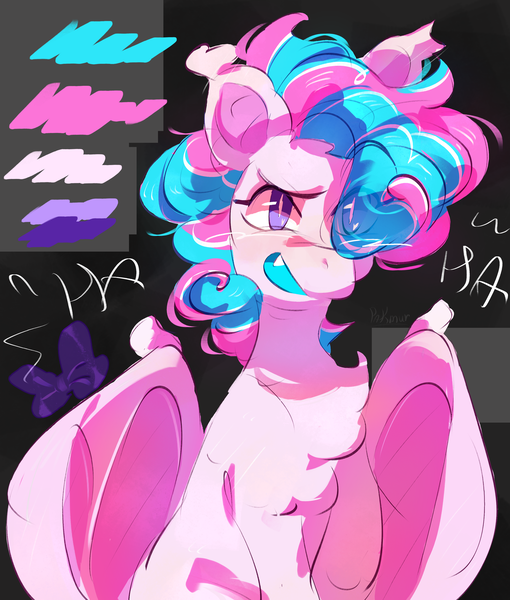 Size: 2550x3000 | Tagged: safe, artist:pakmur, derpibooru import, oc, oc:sweetie swirl, unofficial characters only, bat pony, pony, abstract background, bow, chest fluff, image, png, sitting, smiling, solo