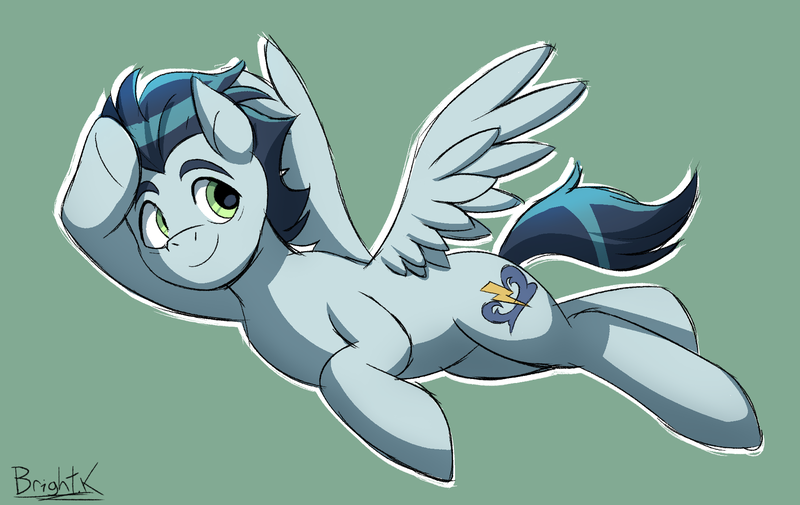 Size: 1934x1221 | Tagged: safe, artist:bkiltersot, derpibooru import, soarin', pegasus, pony, g4, flying, green background, green eyes, image, male, png, salute, simple background, smiling, solo, stallion