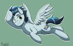 Size: 1934x1221 | Tagged: safe, artist:bkiltersot, derpibooru import, soarin', pegasus, pony, g4, flying, green background, green eyes, image, male, png, salute, simple background, smiling, solo, stallion