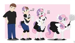 Size: 2513x1466 | Tagged: safe, artist:redpaladin, derpibooru import, sweetie belle, human, pony, unicorn, g4, blushing, clothes, duster, female, horn, human to pony, image, maid, male, one eye closed, png, shoes, transformation, transformation sequence, transforming clothes, transgender transformation