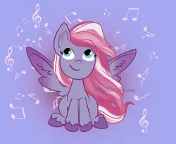 Size: 1704x1389 | Tagged: safe, artist:amynewblue, derpibooru import, starsong, pegasus, pony, g3, blue eyes, female, image, jpeg, mare, minimalist, modern art, music notes, pink hair, purple fur, simple background, smiling, solo, spread wings, unshorn fetlocks, wings