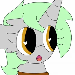 Size: 2048x2048 | Tagged: safe, artist:mcrxsolidarity, derpibooru import, oc, oc:heartbeat, unofficial characters only, pony, unicorn, big eyes, clothes, eyelashes, female, gray coat, green mane, heart, horn, image, jpeg, mare, mare oc, open mouth, owner:blackblade360, pony oc, shirt, short mane, simple background, solo, unicorn oc, white background, yellow eyes