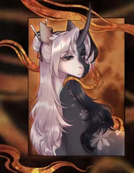 Size: 1674x2160 | Tagged: safe, artist:a-lin, derpibooru import, oc, unofficial characters only, anthro, changeling, unicorn, bust, clothes, commission, curved horn, disguise, disguised changeling, dress, female, hair bun, horn, image, png, solo, ych result