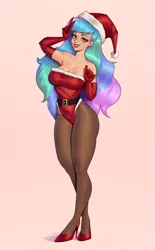 Size: 1800x2900 | Tagged: safe, artist:aquaticvibes, derpibooru import, princess celestia, human, g4, christmas, christmas outfit, clothes, female, hat, holiday, humanized, image, peace sign, png, santa hat, simple background, solo