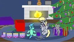 Size: 1920x1080 | Tagged: safe, artist:platinumdrop, derpibooru import, derpy hooves, pony, g4, blank flank, christmas, christmas tree, commission, doll, female, filly, foal, holiday, image, png, present, toy, train, tree, younger