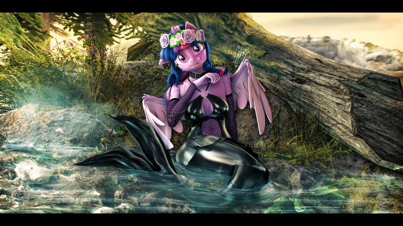 Size: 9600x5400 | Tagged: safe, artist:imafutureguitarhero, derpibooru import, sci-twi, twilight sparkle, twilight sparkle (alicorn), alicorn, anthro, mermaid, pony, g4, 3d, :p, absurd file size, absurd resolution, alicornified, arm fluff, arm freckles, belly, belly button, boob freckles, boob window, breasts, cheek fluff, chest fluff, chest freckles, chromatic aberration, cleavage, cleavage fluff, clothes, collar, colored eyebrows, colored eyelashes, cute, ear fluff, ear freckles, female, film grain, fish tail, fishnet clothing, fishnet gloves, floppy ears, floral head wreath, flower, flower in hair, fluffy, foliage, freckles, fur, fused legs, gloves, grass, head tilt, image, inspired by another artist, jpeg, latex, latex clothes, latex skirt, letterboxing, looking at you, mare, mermaid tail, navel cutout, neck fluff, one ear down, outdoors, partially submerged, pleated skirt, race swap, revamped anthros, revamped ponies, scenery, scenery porn, sci-twilicorn, see-through, shiny, shoulder fluff, shoulder freckles, signature, skirt, sky, smiling, smiling at you, solo, source filmmaker, tail, tongue out, tree, tree stump, twiabetes, wall of tags, wallpaper, water, wet, wing fluff, wing freckles, wings