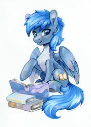 Size: 1072x1500 | Tagged: safe, artist:maytee, derpibooru import, oc, unofficial characters only, pegasus, pony, book, bookhorse, chest fluff, commission, commissioner:shaddar, image, jpeg, solo, unshorn fetlocks, wings