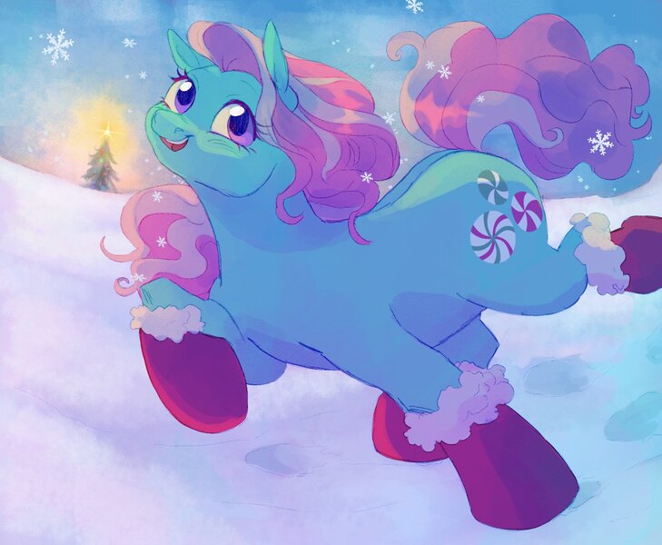 Size: 1700x1400 | Tagged: safe, artist:abbytabbys, derpibooru import, minty, earth pony, pony, g3, female, image, jpeg, mare, my little pony: a very minty christmas, open mouth, open smile, smiling, snow, solo