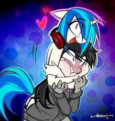 Size: 1602x1688 | Tagged: suggestive, artist:madragon, derpibooru import, octavia melody, vinyl scratch, anthro, earth pony, pony, unicorn, g4, breast squish, breasts, clothes, cuddling, duo, duo female, embarrassed, female, happy, headphones, heart, horn, hug, hug from behind, image, lesbian, looking at you, png, scratchtavia, shipping, sweater