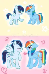 Size: 731x1093 | Tagged: safe, artist:soarinrainbowdash3, derpibooru import, rainbow dash, soarin', pegasus, pony, colt, colt soarin', female, filly, filly rainbow dash, foal, image, jpeg, male, mare, shipping, soarindash, stallion, straight, younger