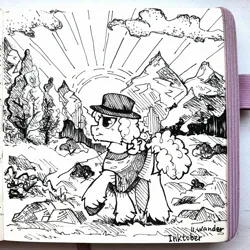 Size: 2048x2048 | Tagged: safe, artist:lilacclime, derpibooru import, cheese sandwich, earth pony, pony, g4, black and white, clothes, curly hair, grayscale, hat, image, inktober 2023, jpeg, male, monochrome, nature, outdoors, poncho, solo, stallion