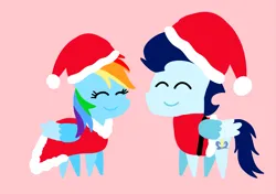 Size: 3553x2499 | Tagged: safe, anonymous artist, derpibooru import, rainbow dash, soarin', pegasus, pony, series:soarindash hearth's warming, series:soarindash romantic tales, christmas, christmas outfit, clothes, costume, derpibooru exclusive, eyes closed, female, hat, hearth's warming, holiday, image, male, mare, png, pointy ponies, santa costume, santa hat, shipping, smiling, soarindash, stallion, straight