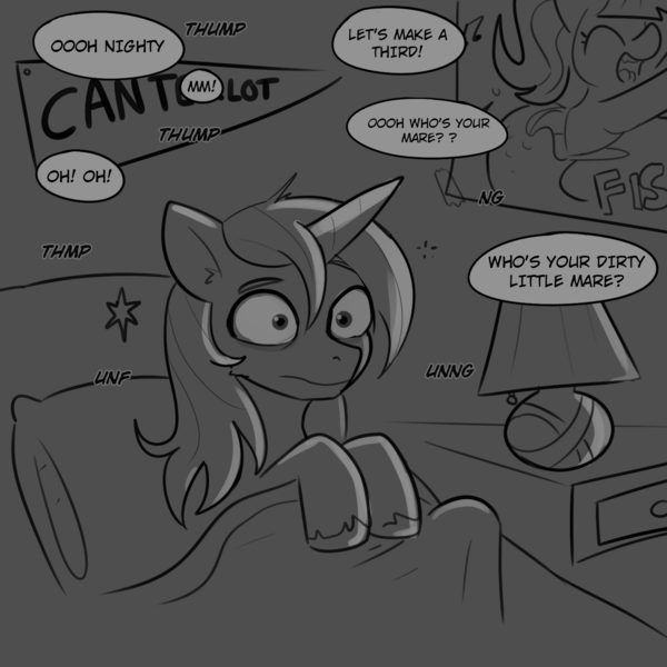 Size: 1500x1500 | Tagged: questionable, artist:tjpones, derpibooru import, shining armor, pony, unicorn, g4, asking for pregnancy, awkward boner, bed, bedroom, black and white, erection, grayscale, horn, image, implied night light, implied nightvelvet, implied sex, implied shipping, implied straight, implied twilight velvet, male, monochrome, on bed, penis, png, sex noises, solo, solo male, speech bubble, stallion, tenting, this will end in therapy