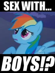 Size: 344x456 | Tagged: safe, derpibooru import, rainbow dash, pony, g4, dialogue, female, image, mare, meme, png, solo, text